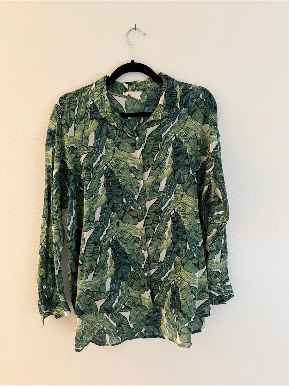 H&M Green Leaf-Print Button Front Blouse